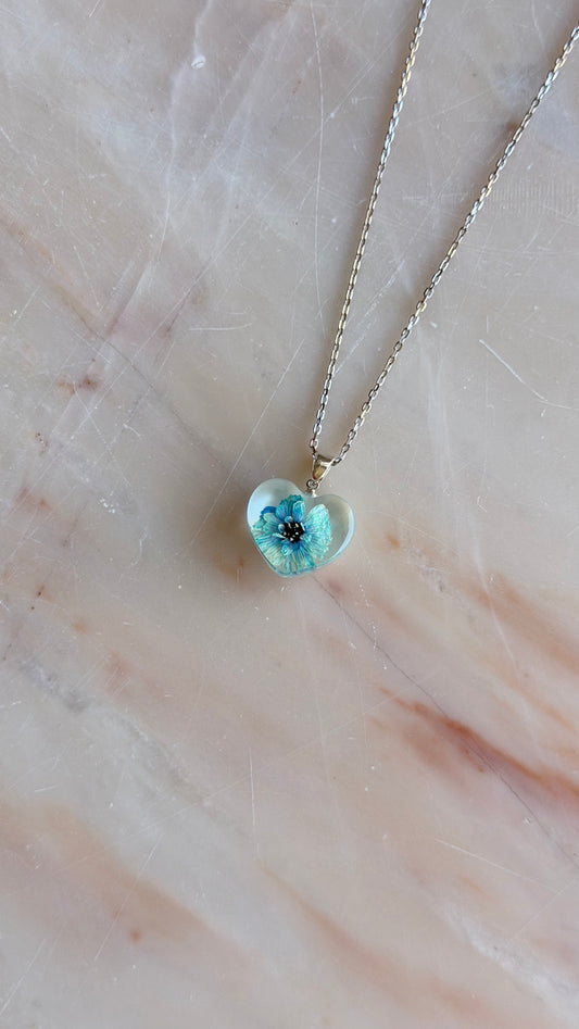 Blue Pearl Yarrow Flower Necklace – Real Flower Heart Pendant