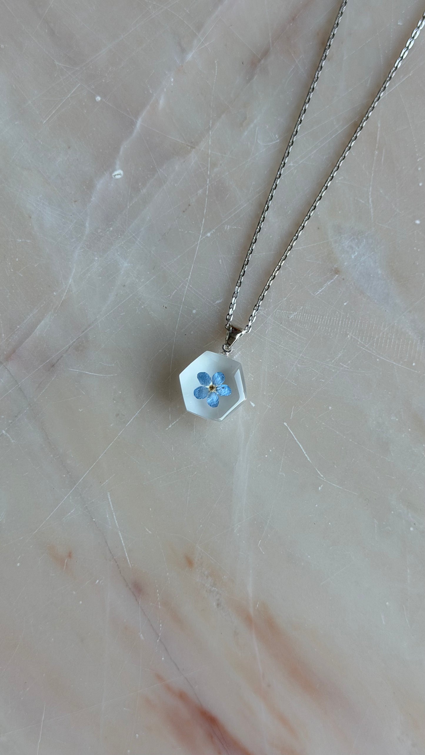 Sora Naturale | Real Pressed Forget-Me-Not Frosted Hexagon Necklace
