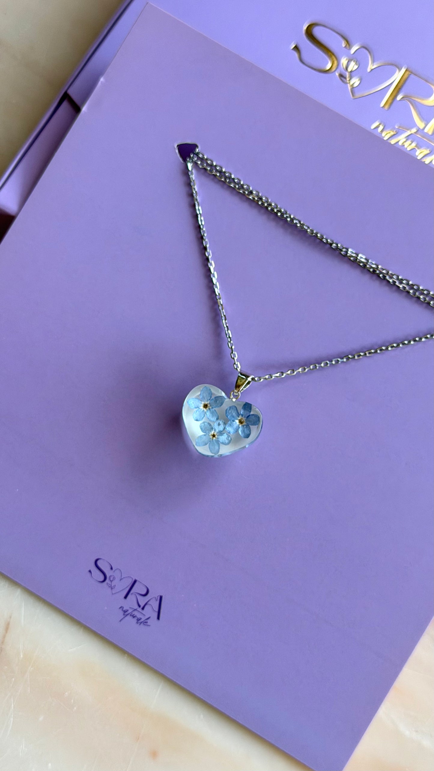 Sora Naturale | Real Pressed Forget-Me-Not Heart Necklace