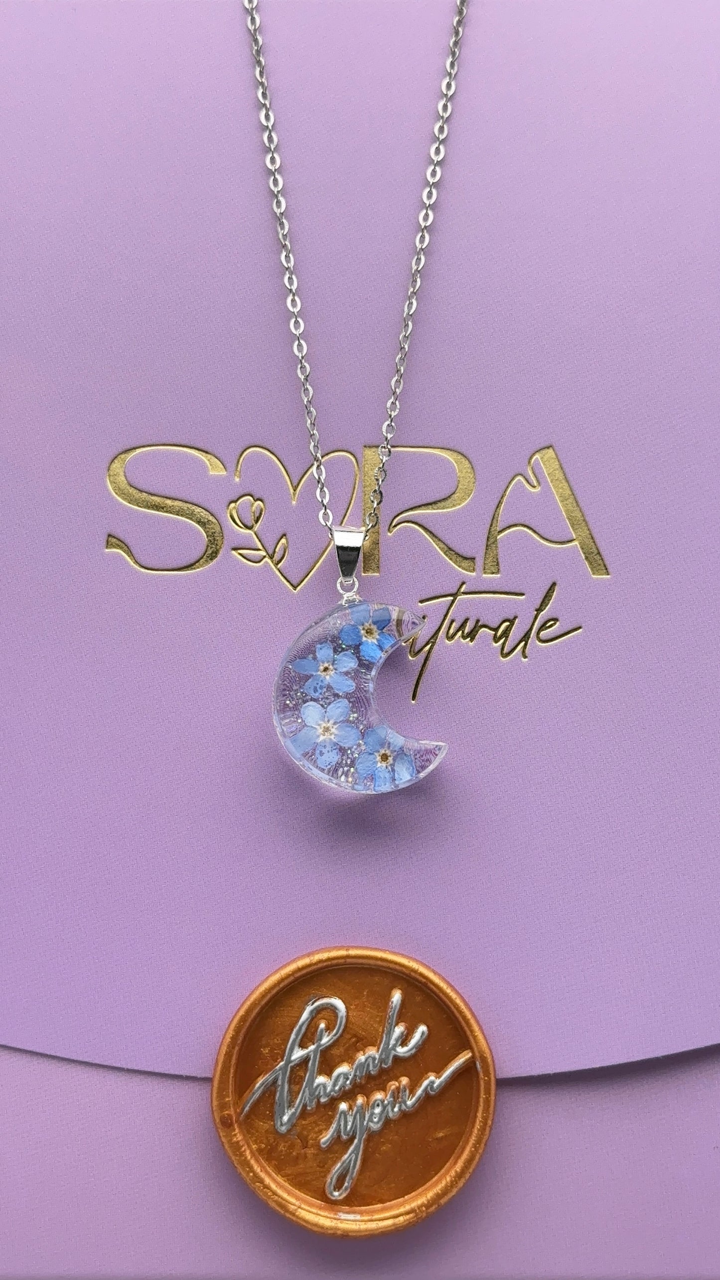 Sora Naturale | Real Pressed Forget-Me-Not Crescent Moon Necklace