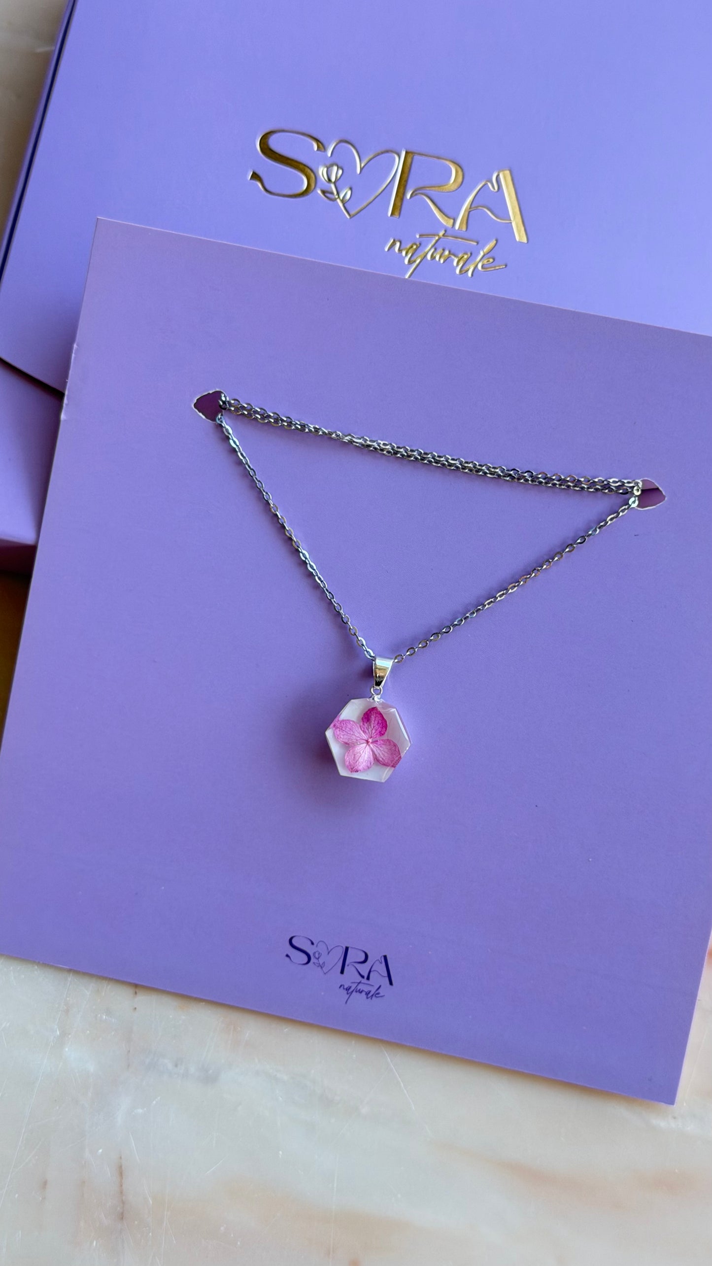 Sora Naturale | Real Pressed Pink Hydrangea Geometric Necklace