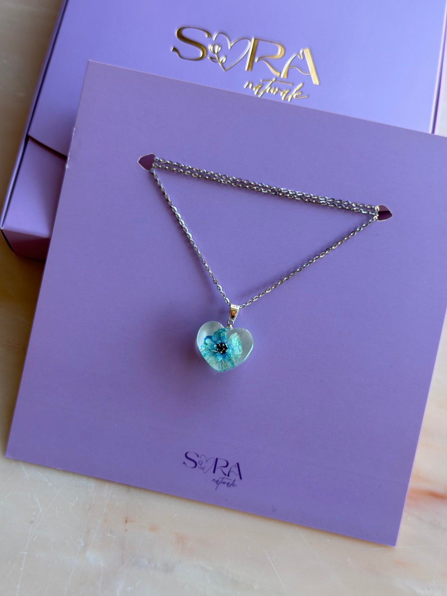 Blue Pearl Yarrow Flower Necklace – Real Flower Heart Pendant