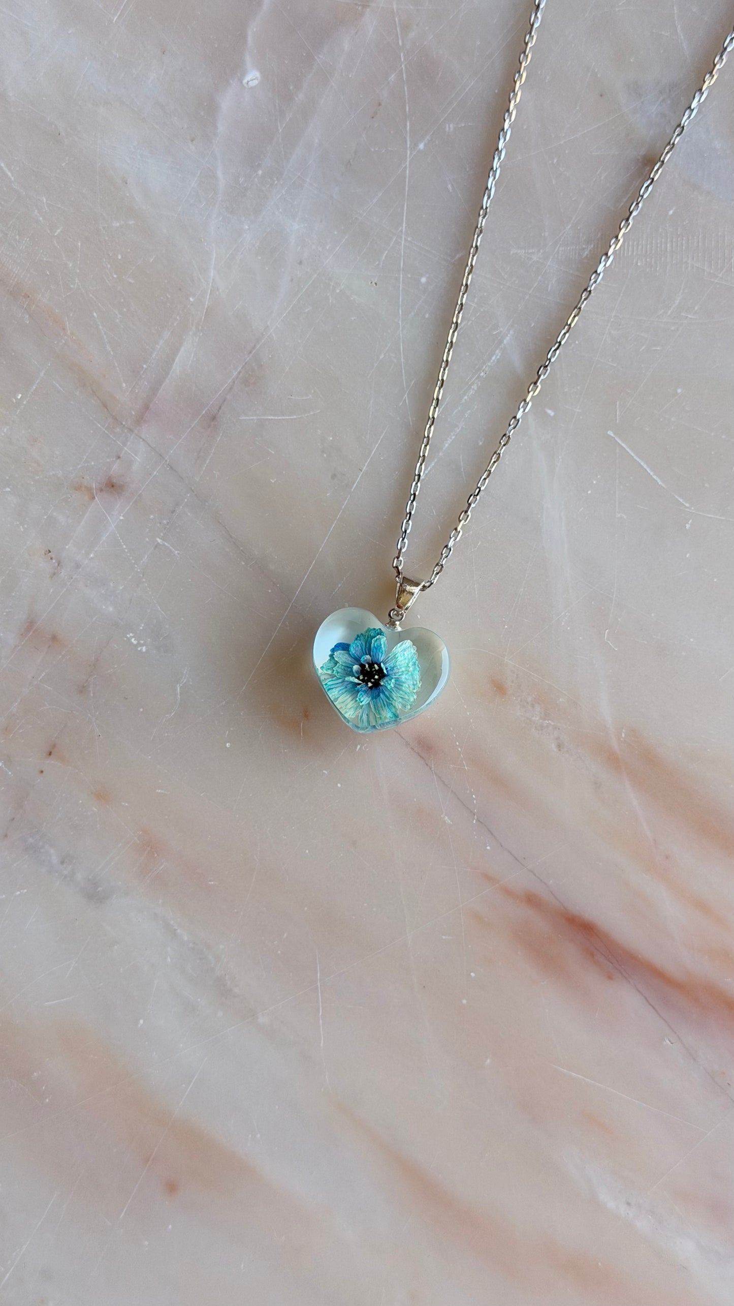 Blue Pearl Yarrow Flower Necklace – Real Flower Heart Pendant