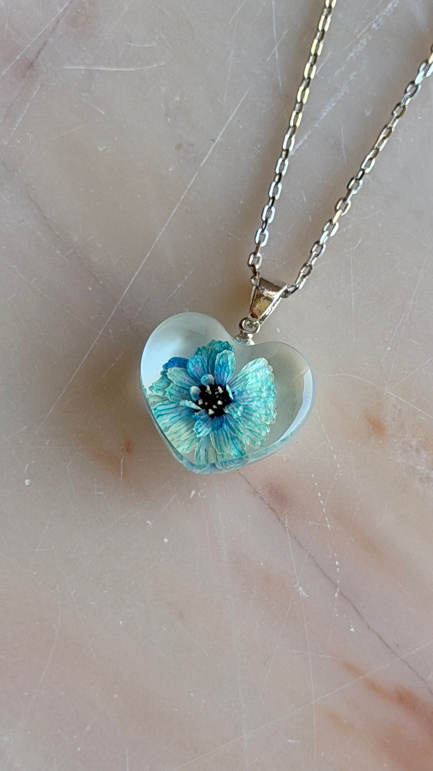 Blue Pearl Yarrow Flower Necklace – Real Flower Heart Pendant