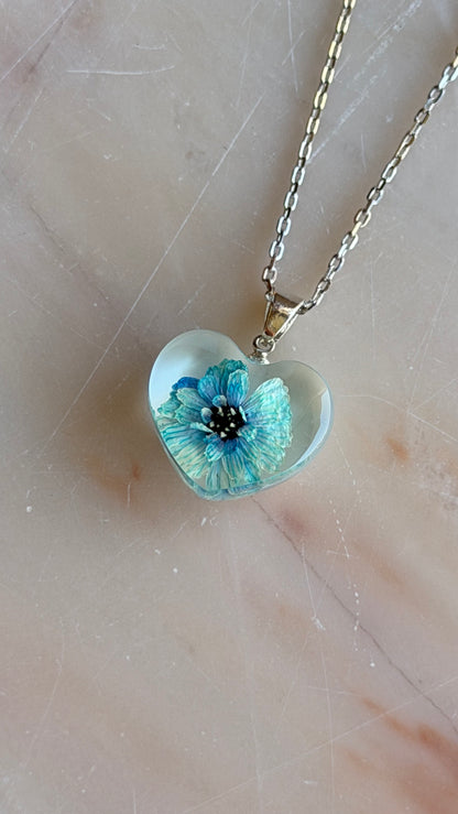 Blue Pearl Yarrow Flower Necklace – Real Flower Heart Pendant