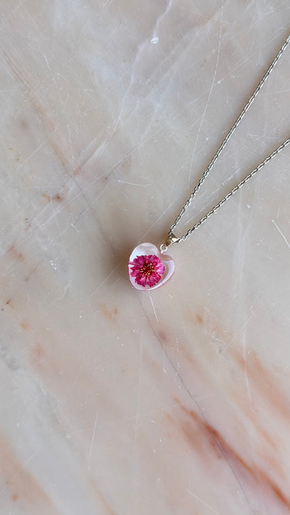Pink Pearl Yarrow Flower Necklace – Real Flower Heart Pendant