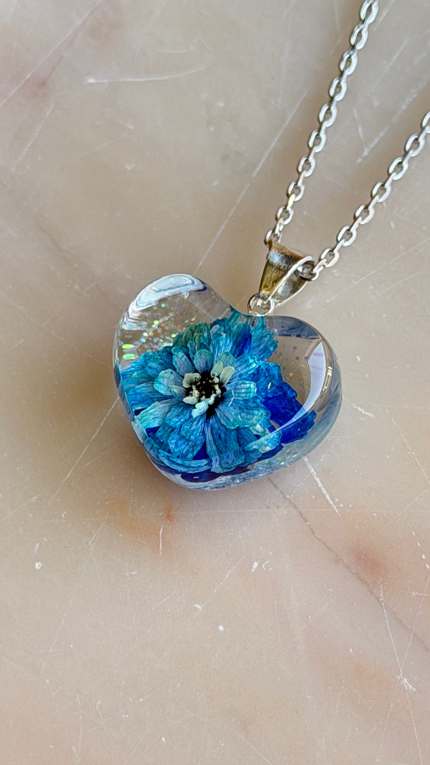 Blue Pearl Yarrow Flower Necklace – Real Flower Heart Pendant