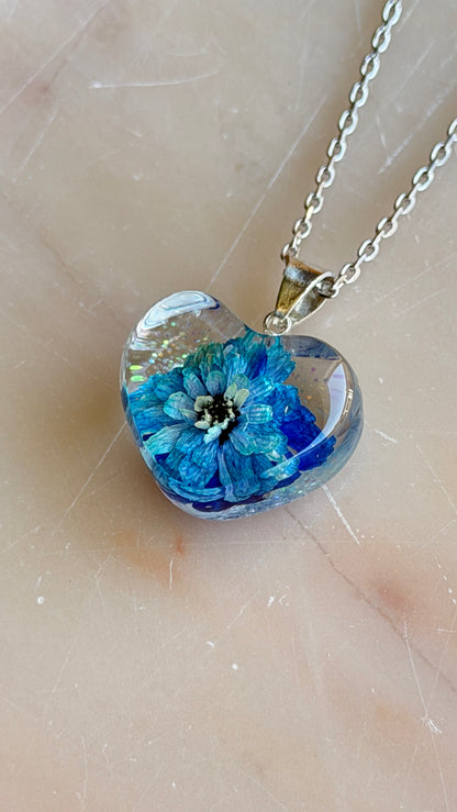 Blue Pearl Yarrow Flower Necklace – Real Flower Heart Pendant