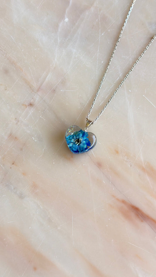 Blue Pearl Yarrow Flower Necklace – Real Flower Heart Pendant