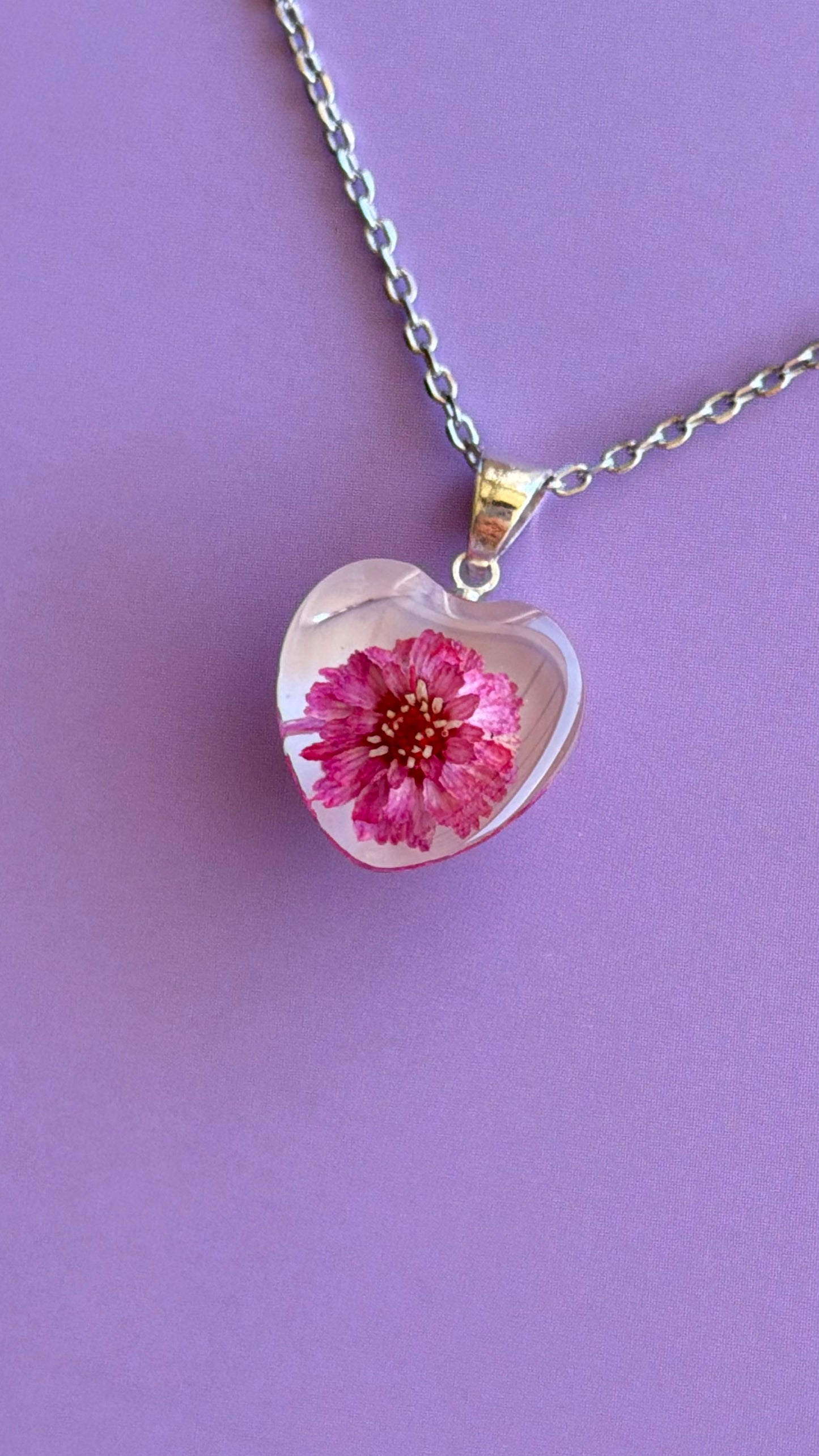 Pink Pearl Yarrow Flower Necklace – Real Flower Heart Pendant