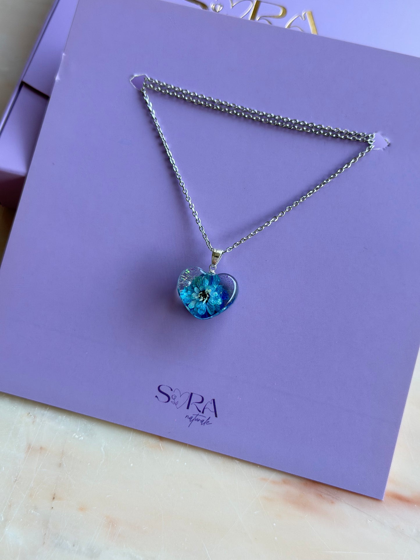 Blue Pearl Yarrow Flower Necklace – Real Flower Heart Pendant