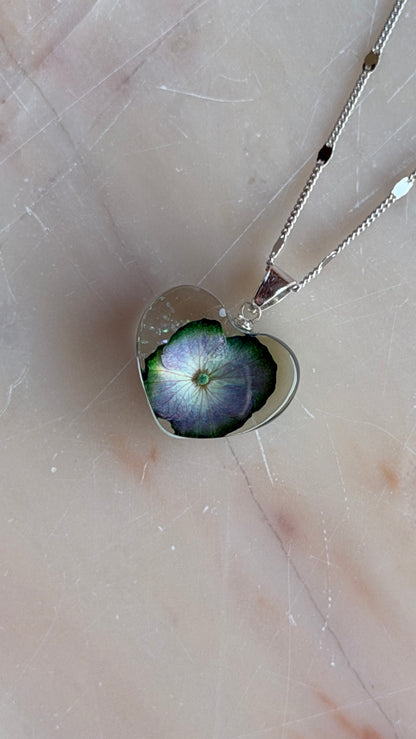 Hydrangea Flower Necklace – Real Flower Heart Pendant