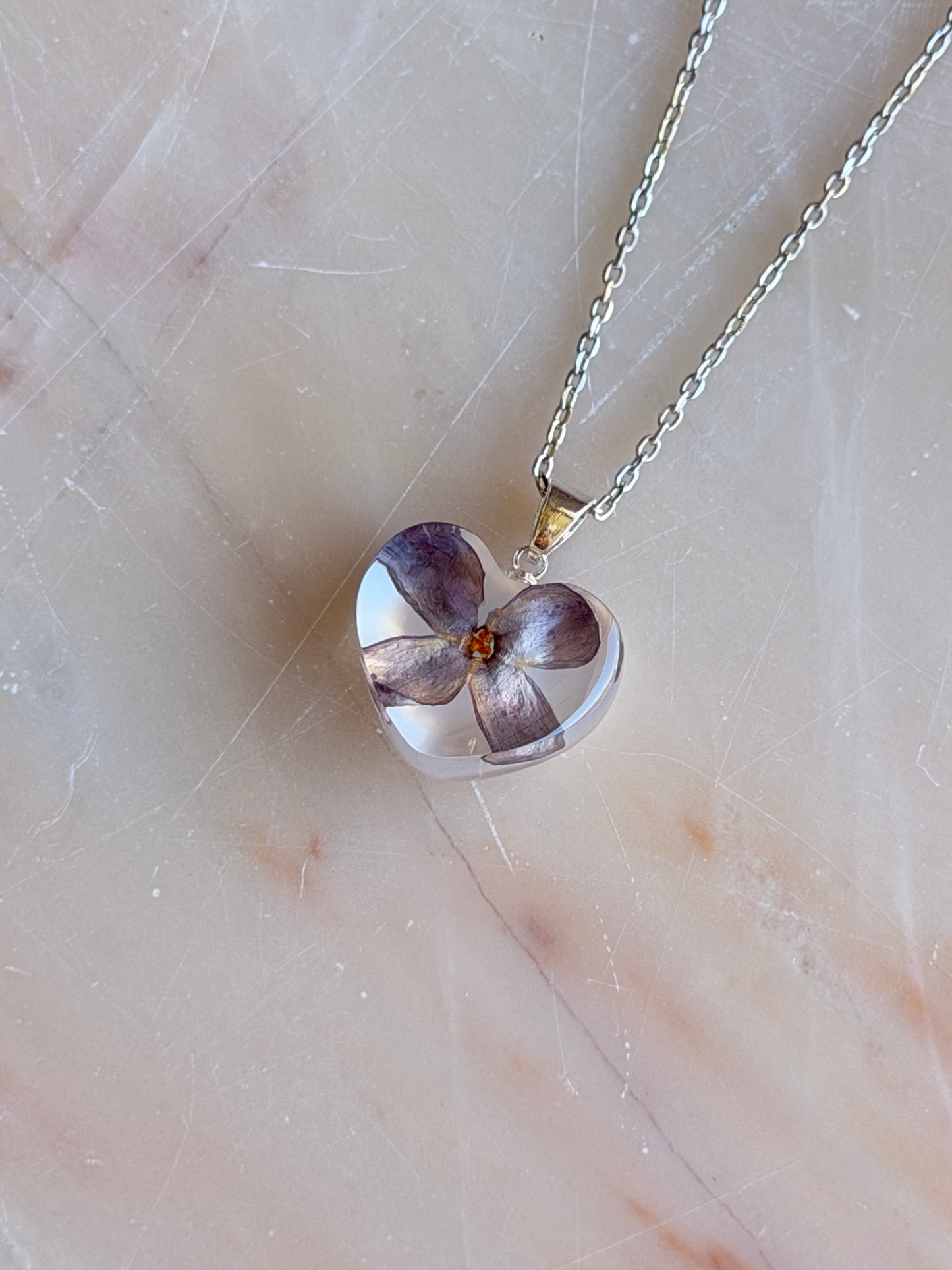 Real Pressed Lilac Heart Necklace