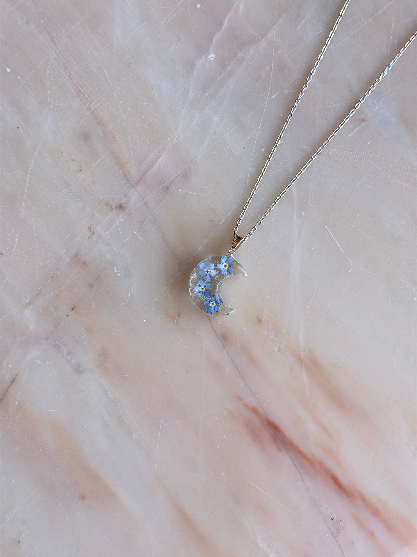 Sora Naturale | Real Pressed Forget-Me-Not Crescent Moon Necklace
