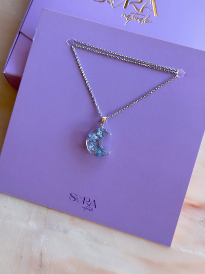 Sora Naturale | Real Pressed Forget-Me-Not Crescent Moon Necklace
