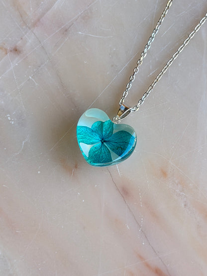 Real Pressed Hydrangea Heart Necklace