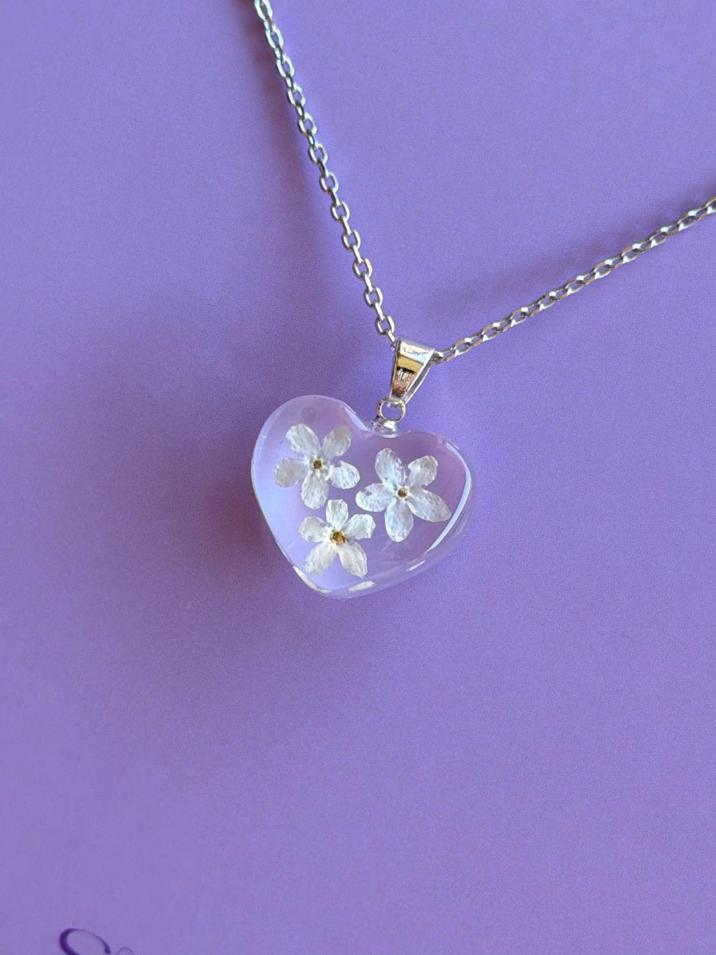 Real Pressed Forget-Me-Not Heart Necklace