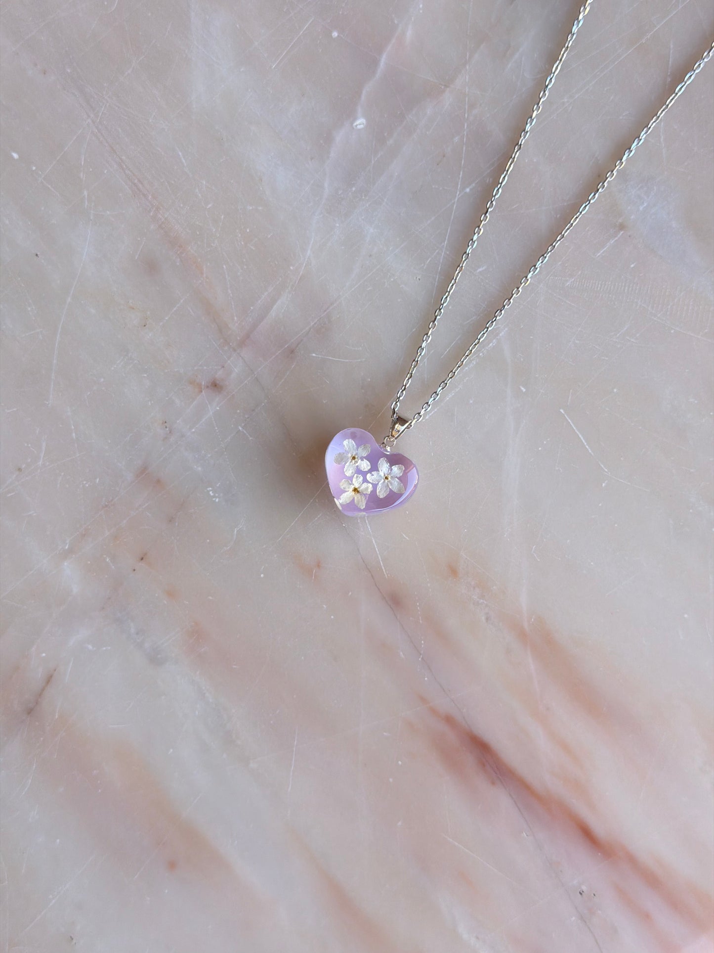 Real Pressed Forget-Me-Not Heart Necklace