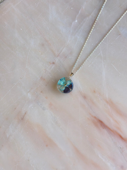 Blue Viola Flower Necklace – Real Flower Round Pendant