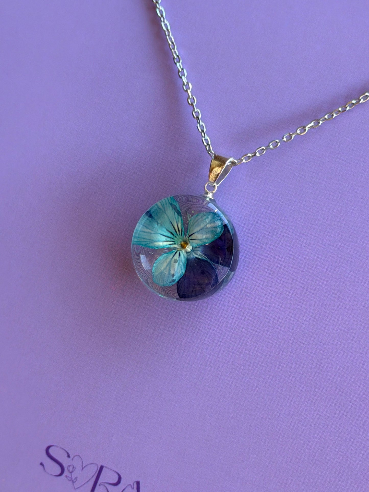 Blue Viola Flower Necklace – Real Flower Round Pendant