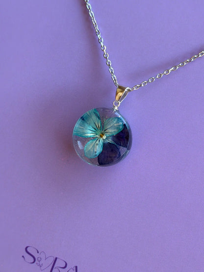 Blue Viola Flower Necklace – Real Flower Round Pendant
