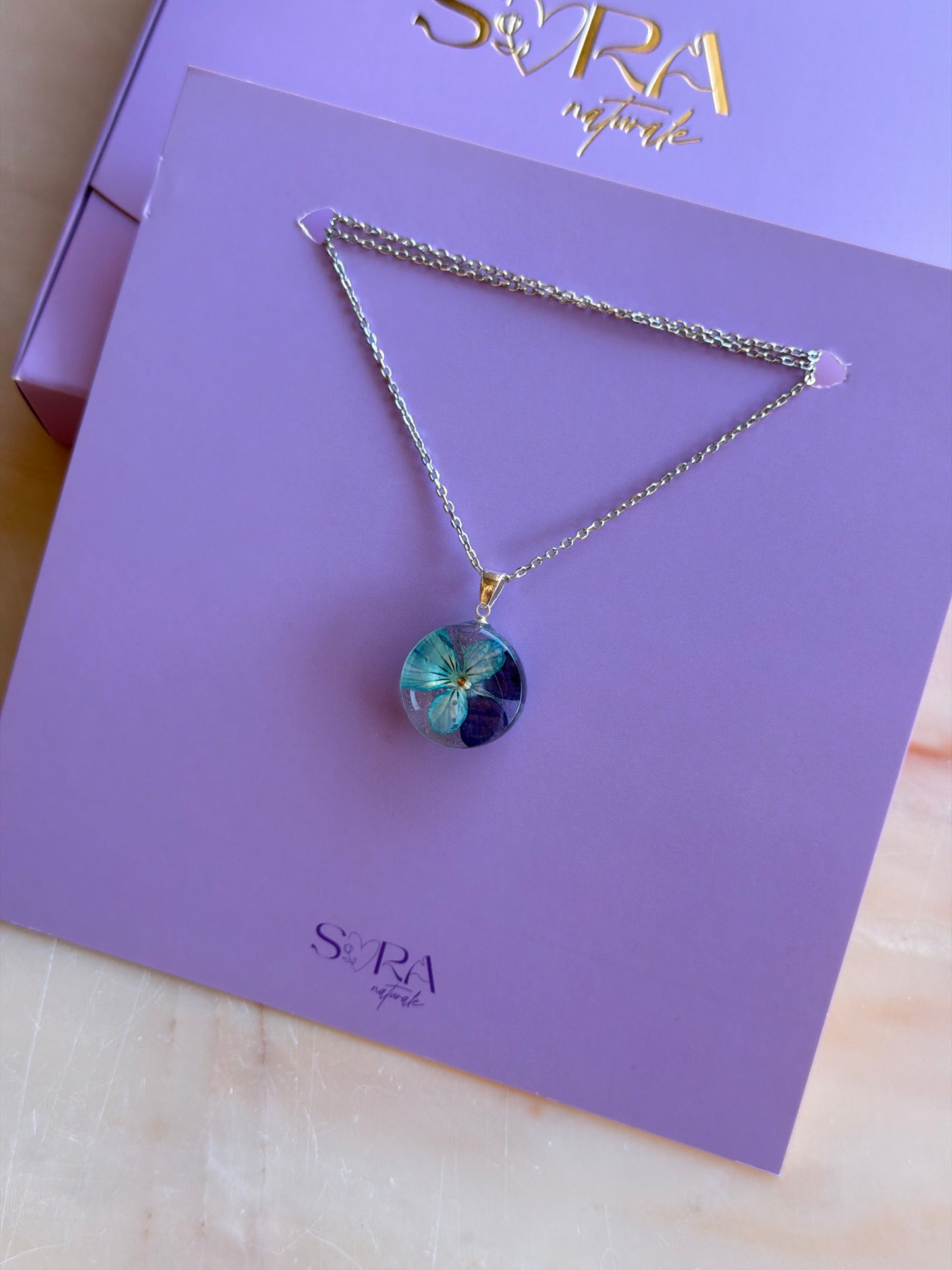 Blue Viola Flower Necklace – Real Flower Round Pendant