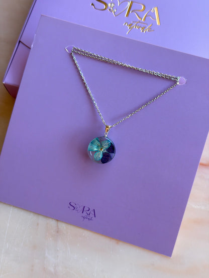 Blue Viola Flower Necklace – Real Flower Round Pendant