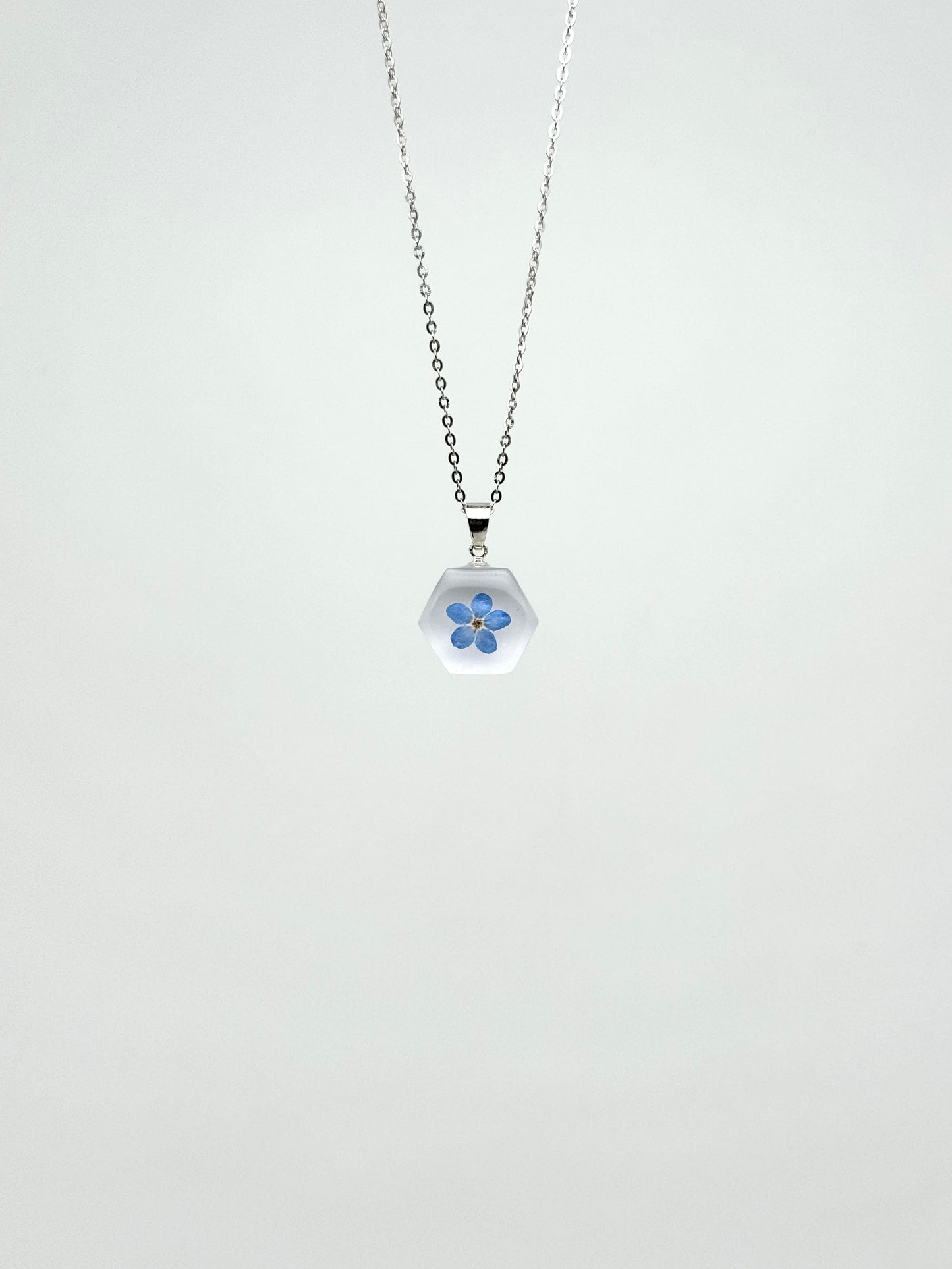 Sora Naturale | Real Pressed Forget-Me-Not Frosted Hexagon Necklace